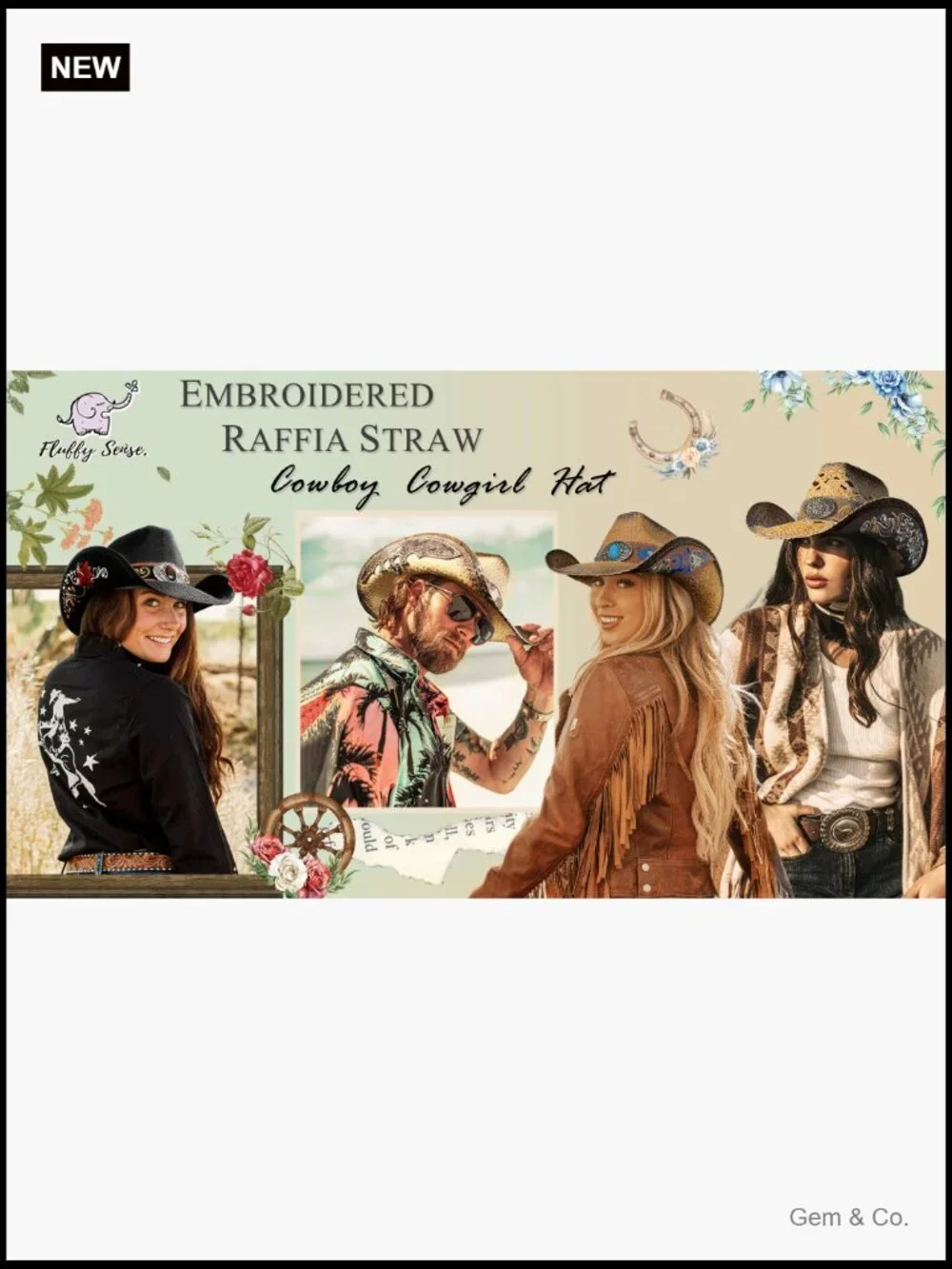 Embroidered Straw Cowboy Hat with Floral Design